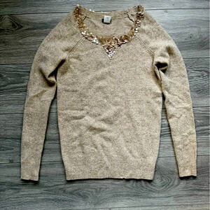 J. Crew oatmeal 100% lambs wool sequined collar long sleeve sweater Size S